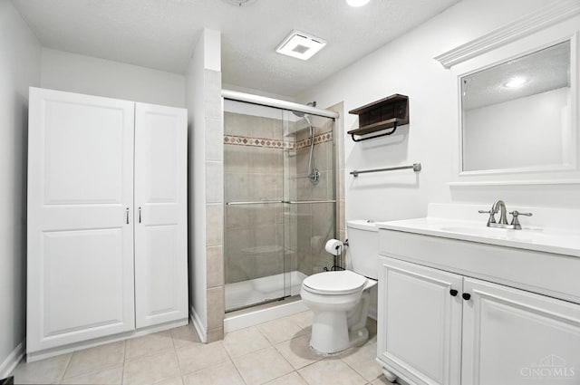 4870 Highland Oaks Dr, Green Twp, OH 45248 - bathroom featuring vanity, a stall shower, tile patterned floors, and a textured ceiling