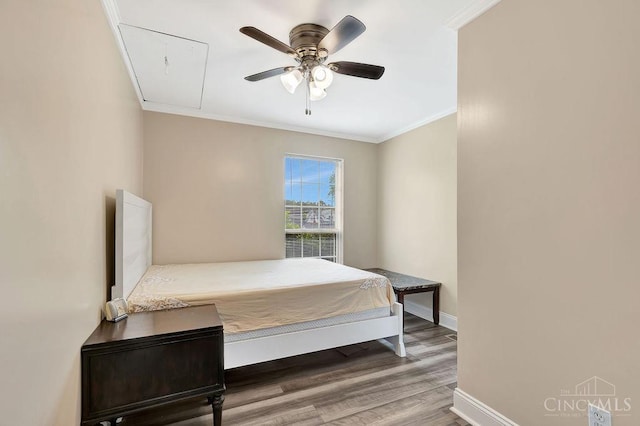 711 Van Roberts Pl, Wyoming, OH 45215 - bedroom featuring attic access, ornamental molding, wood finished floors, and ceiling fan