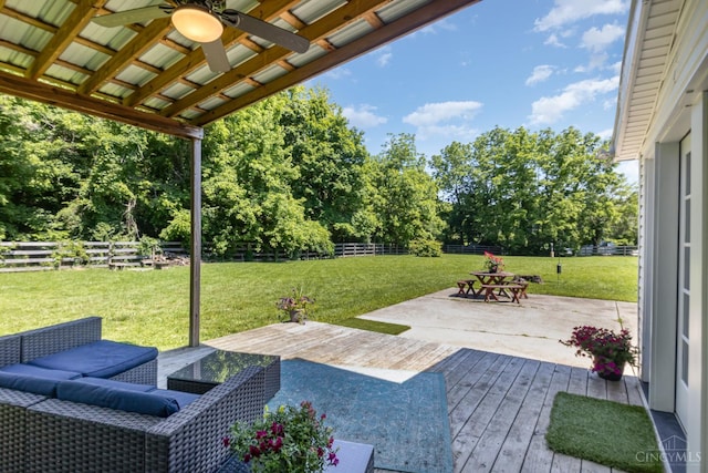4 Brooklyn Ln, Miami Twp, OH 45150 - fenced backyard featuring ceiling fan, a deck, view of wooded area, and a patio area
