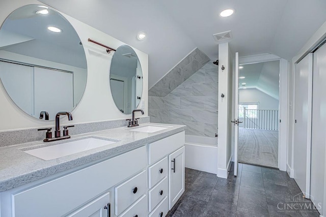 3104 Celeron Ave, Cincinnati, OH 45209 - full bath with vaulted ceiling, double vanity, shower / bath combination, and recessed lighting
