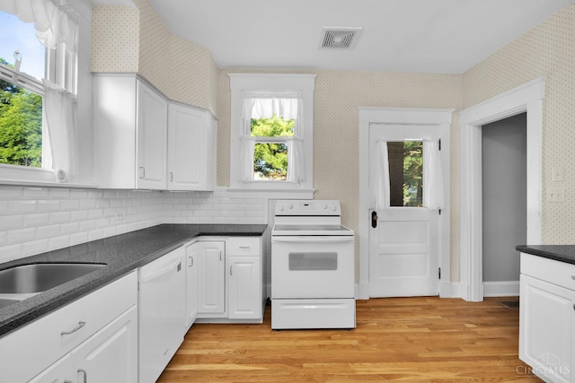 3459 Alta Vista Ave, Cheviot, OH 45211 - kitchen featuring white appliances, wallpapered walls, white cabinetry, and light wood-style flooring