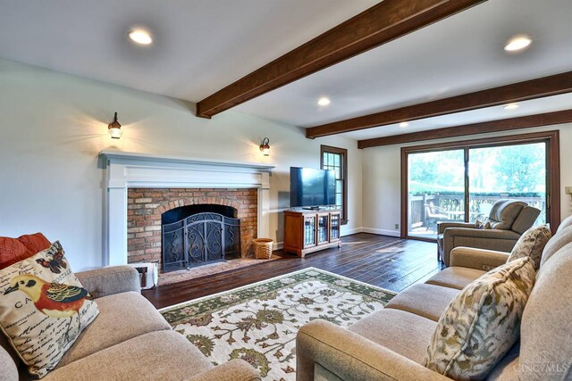 254 Compton Rd, Wyoming, OH 45215 - living room featuring hardwood / wood-style floors, recessed lighting, a fireplace, and beam ceiling