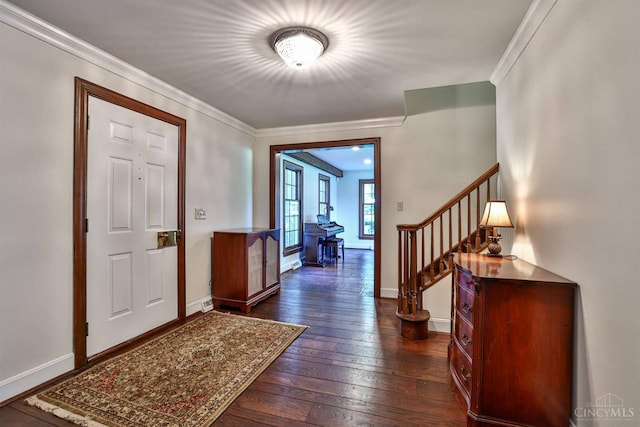 254 Compton Rd, Wyoming, OH 45215 - entrance foyer with dark wood-style flooring, crown molding, and stairway