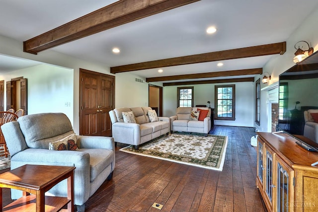 254 Compton Rd, Wyoming, OH 45215 - living room with dark wood finished floors, recessed lighting, and beamed ceiling