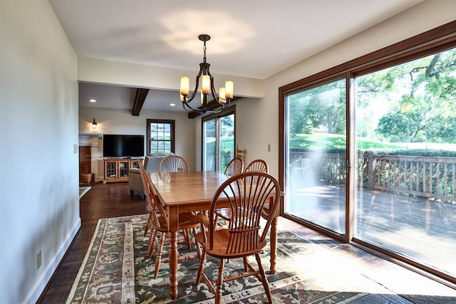 254 Compton Rd, Wyoming, OH 45215 - dining area with a chandelier, wood finished floors, beam ceiling, and recessed lighting