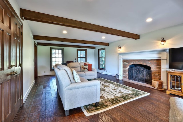 254 Compton Rd, Wyoming, OH 45215 - living room featuring recessed lighting, dark wood finished floors, a fireplace, and beamed ceiling