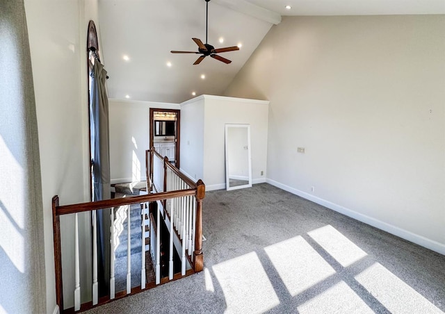 254 Compton Rd, Wyoming, OH 45215 - carpeted empty room featuring beamed ceiling, recessed lighting, high vaulted ceiling, and ceiling fan