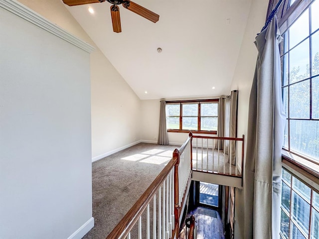 254 Compton Rd, Wyoming, OH 45215 - hall featuring lofted ceiling, carpet flooring, plenty of natural light, an upstairs landing, and recessed lighting