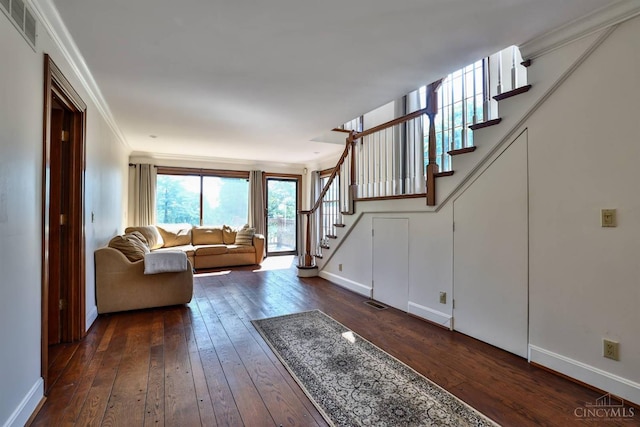 254 Compton Rd, Wyoming, OH 45215 - living room featuring stairs, dark wood-style floors, and crown molding