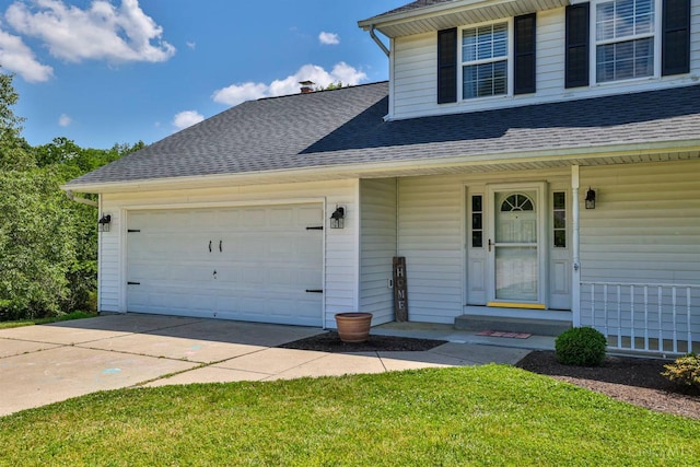 2487 Haddock Dr, Lawrenceburg, IN 47025 - view of front of property featuring roof with shingles, driveway, a garage, a porch, and a front yard