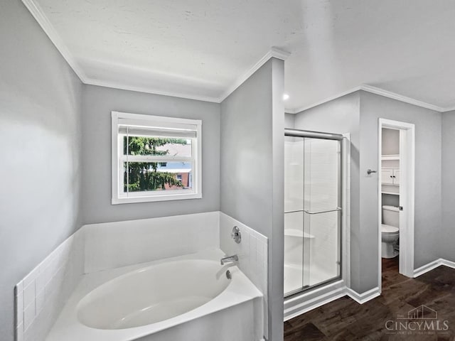 6336 Lansing Ct, Liberty Twp, OH 45011 - bathroom featuring crown molding, a bath, a shower stall, and wood finished floors
