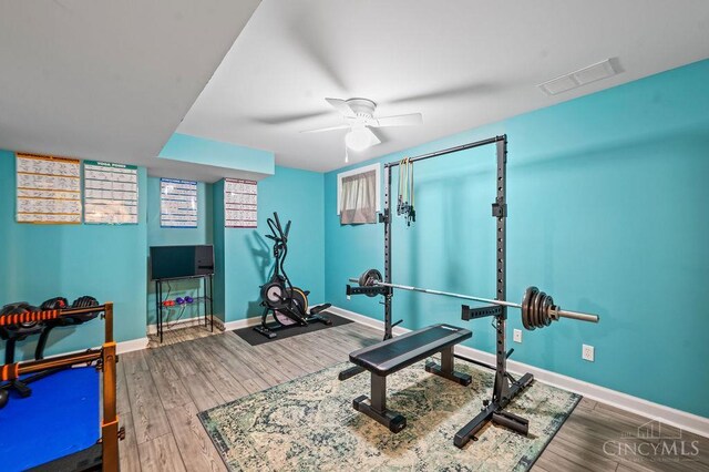 7029 Stonington Rd, Anderson Twp, OH 45230 - exercise area featuring wood finished floors and ceiling fan