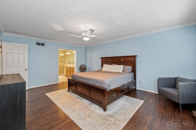7029 Stonington Rd, Anderson Twp, OH 45230 - bedroom with dark wood-type flooring, crown molding, ceiling fan, and connected bathroom