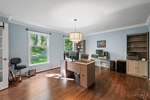 7029 Stonington Rd, Anderson Twp, OH 45230 - office area with dark wood finished floors, ornamental molding, and a chandelier