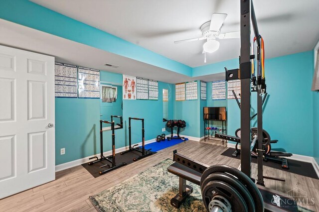 7029 Stonington Rd, Anderson Twp, OH 45230 - exercise area with wood finished floors and ceiling fan