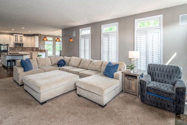 3773 Top Flite Ln, Mason, OH 45040 - living area featuring light carpet, recessed lighting, and a textured ceiling