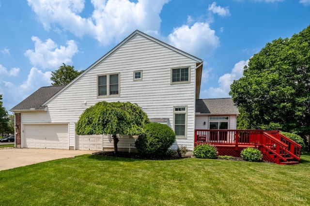 3773 Top Flite Ln, Mason, OH 45040 - view of front of property featuring a wooden deck, a front lawn, concrete driveway, a garage, and a shingled roof