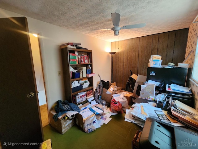 2920 Spruceway Dr, Colerain Twp, OH 45251 - home office featuring a textured ceiling, a ceiling fan, and wooden walls