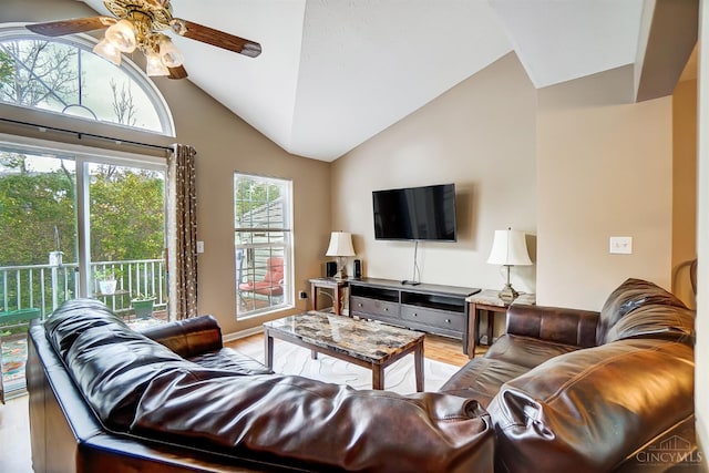 5788 Spire Ridge Ct Unit 13B, Green Twp, OH 45247 - living area with vaulted ceiling, a ceiling fan, and wood finished floors