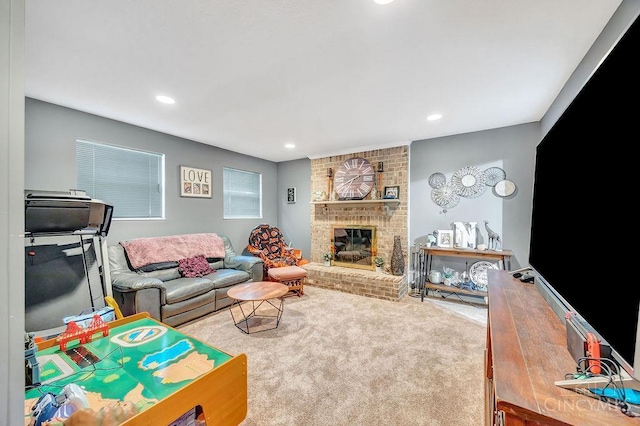 8798 Beckys Ridge Dr, Colerain Twp, OH 45251 - carpeted living room featuring a brick fireplace and recessed lighting