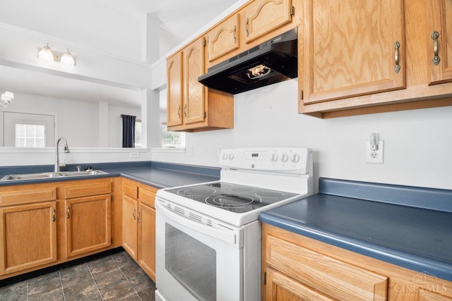 1583 Creekside Rd, Batavia Twp, OH 45102 - kitchen featuring white electric stove, under cabinet range hood, and dark countertops
