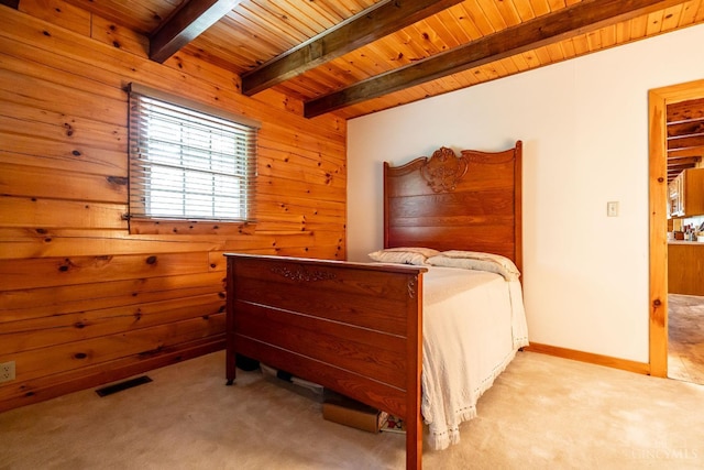 2914 Pond Run Ln, Pierce Twp, OH 45157 - carpeted bedroom featuring wood walls and a wood ceiling with exposed beams