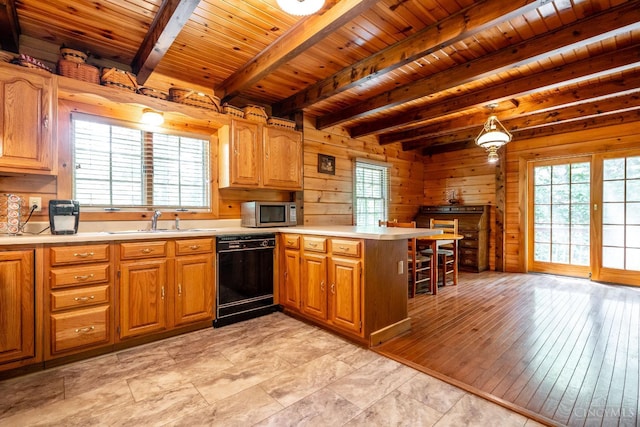 2914 Pond Run Ln, Pierce Twp, OH 45157 - kitchen with black dishwasher, a wooden ceiling with exposed beams, a peninsula, light countertops, and wood walls
