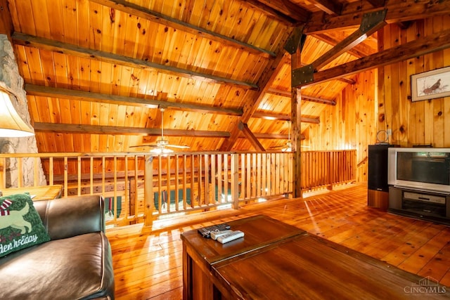 2914 Pond Run Ln, Pierce Twp, OH 45157 - living room featuring hardwood / wood-style flooring, wooden ceiling, wood walls, and a ceiling fan