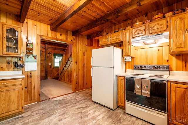 2914 Pond Run Ln, Pierce Twp, OH 45157 - kitchen featuring white appliances, under cabinet range hood, a wood ceiling with exposed beams, wood walls, and light countertops