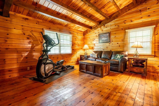 2914 Pond Run Ln, Pierce Twp, OH 45157 - living room featuring wood ceiling, wooden walls, and hardwood / wood-style flooring