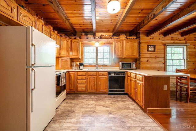 2914 Pond Run Ln, Pierce Twp, OH 45157 - kitchen with white appliances, a peninsula, a wooden ceiling with exposed beams, light countertops, and brown cabinets