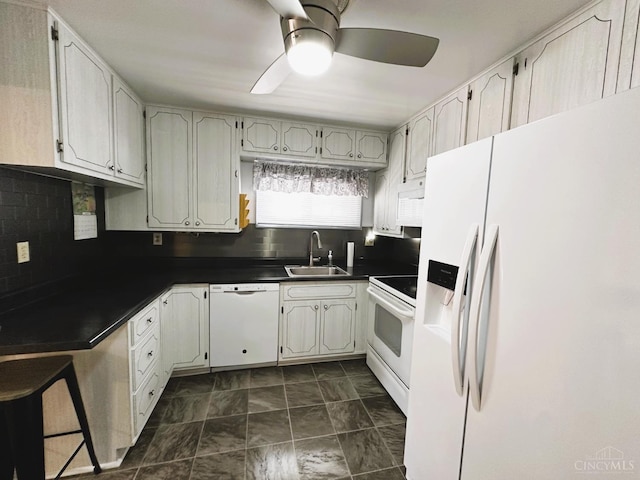 4068 Glenbar Ct, Sycamore Twp, OH 45236 - kitchen featuring white appliances, dark countertops, a ceiling fan, and decorative backsplash