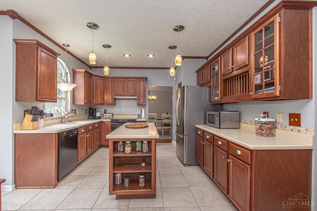 1887 Bantas Creek Rd, Washington Twp, OH 45320 - kitchen featuring black appliances, open shelves, crown molding, light countertops, and a center island