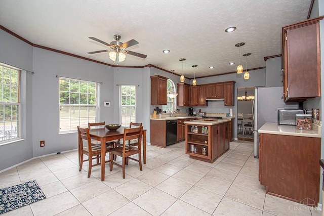 1887 Bantas Creek Rd, Washington Twp, OH 45320 - kitchen featuring black dishwasher, crown molding, light tile patterned flooring, light countertops, and a ceiling fan