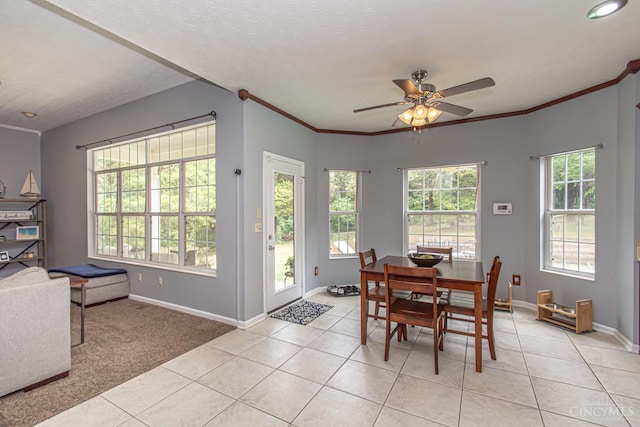 1887 Bantas Creek Rd, Washington Twp, OH 45320 - dining space featuring light tile patterned flooring, a ceiling fan, crown molding, recessed lighting, and light colored carpet