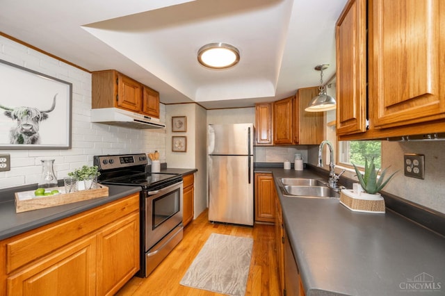 8385 Bridle Rd, Anderson Twp, OH 45244 - kitchen with appliances with stainless steel finishes, under cabinet range hood, a tray ceiling, dark countertops, and light wood finished floors