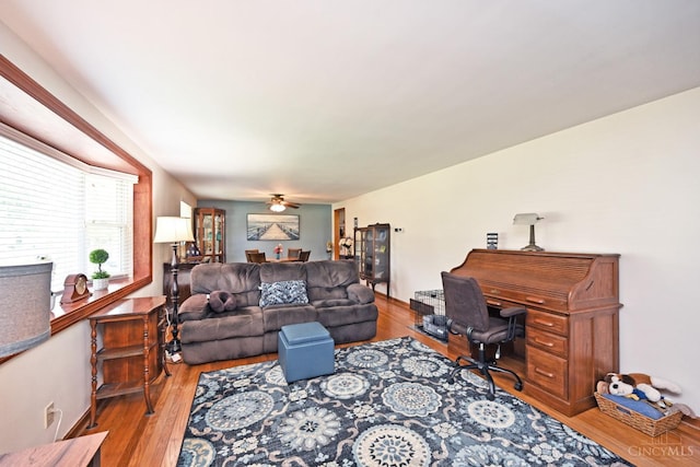 3638 El Rego Dr, Pierce Twp, OH 45102 - living room with wood finished floors and a ceiling fan