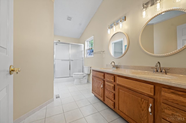 125 Sackett Dr, Monroe, OH 45050 - bathroom with double vanity, tile patterned floors, a stall shower, and vaulted ceiling