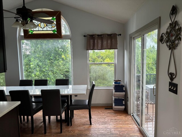 742 Miami Way Dr, Hamilton, OH 45013 - dining room featuring lofted ceiling, wood finished floors, and ceiling fan