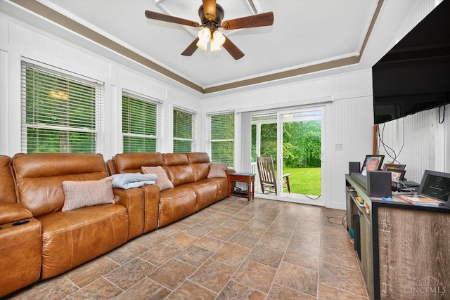 1001 Shawhan Rd, Union Twp, OH 45152 - living area featuring ceiling fan, crown molding, and stone finish flooring