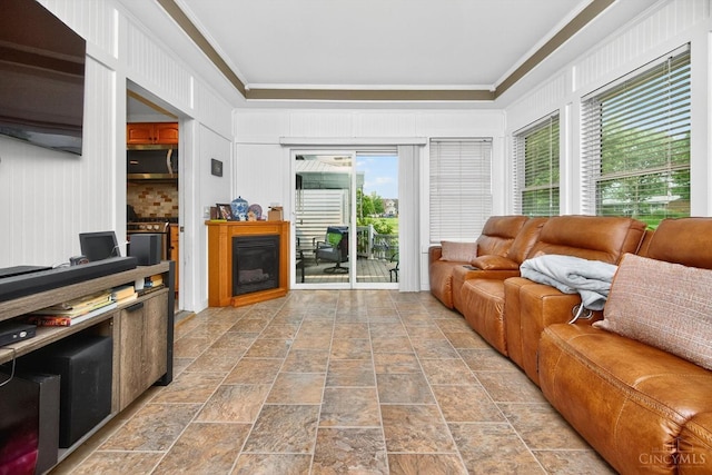 1001 Shawhan Rd, Union Twp, OH 45152 - living room with crown molding, stone finish flooring, and a fireplace