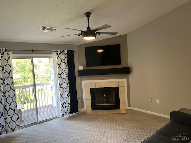 12061 Carrington Ln Unit 206, Symmes Twp, OH 45140 - living room featuring a ceiling fan, carpet floors, and a fireplace