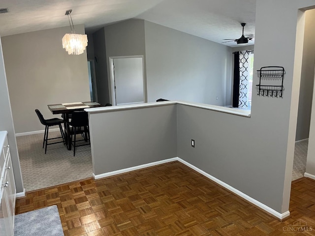 12061 Carrington Ln Unit 206, Symmes Twp, OH 45140 - unfurnished dining area with ceiling fan, lofted ceiling, and a chandelier