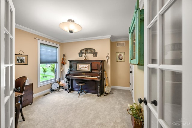 18092 Horizon Way, Lawrenceburg, IN 47025 - living area featuring carpet, crown molding, and french doors