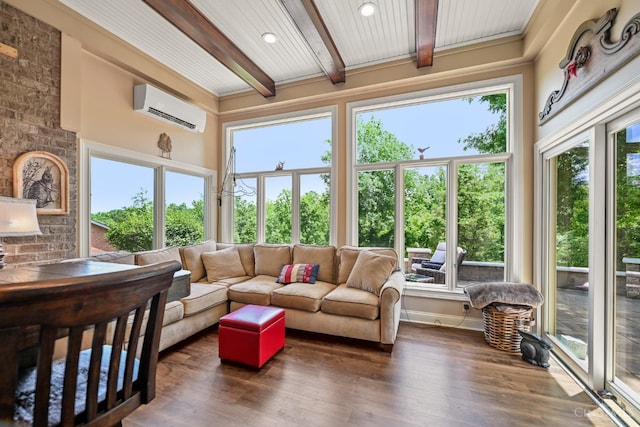 18092 Horizon Way, Lawrenceburg, IN 47025 - sunroom featuring a wall mounted AC, beamed ceiling, plenty of natural light, wood finished floors, and recessed lighting