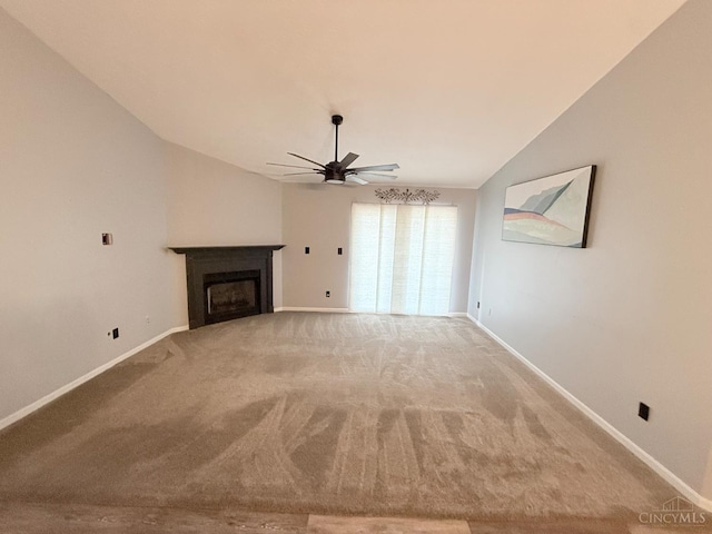 7912 Jessies Way Unit 304, Fairfield Twp, OH 45011 - unfurnished living room featuring ceiling fan, carpet floors, a fireplace, and lofted ceiling