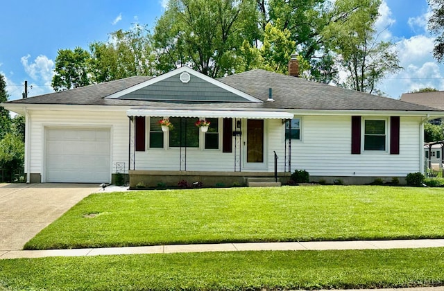 1285 Oakmont Dr, Hamilton, OH 45013 - single story home featuring an attached garage, a chimney, driveway, a front yard, and covered porch