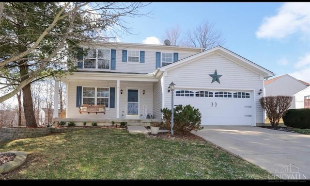 9648 Fallshill Cir, Springfield Twp, OH 45231 - traditional home with a porch, concrete driveway, an attached garage, and a front lawn