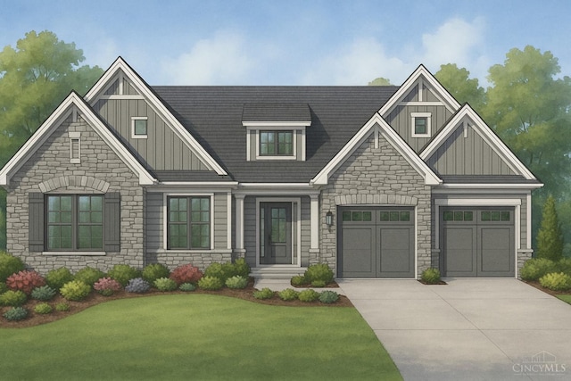 5786 Werk Rd, Green Twp, OH 45248 - view of front facade with stone siding, board and batten siding, driveway, a front yard, and a garage