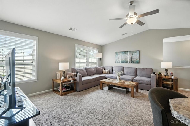 7981 Oakbridge Way, Green Twp, OH 45248 - carpeted living area with ceiling fan, vaulted ceiling, and plenty of natural light